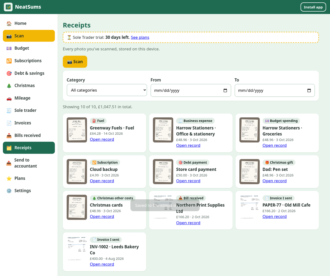 Gallery of scanned receipts